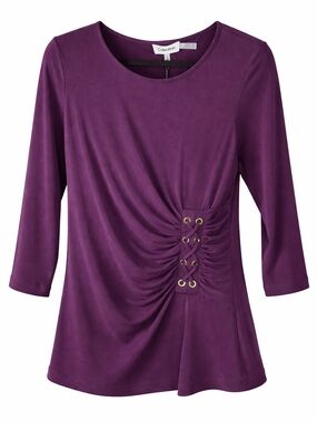 Calvin Klein Plum Lace-Up Ruched 3/4 Sleeve Top